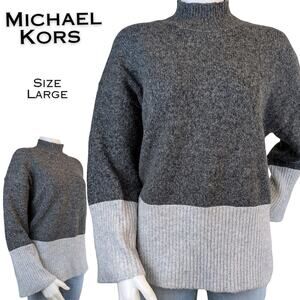 Michael Kors Wool Tunic Sweater Large Gray Colorblock Mock Neck High Low Ribbed